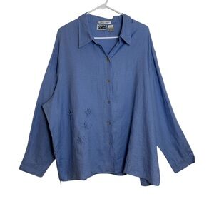 Edward Woman Blue 100% Irish Linen Size 2X Embroidered Flowers Shirt